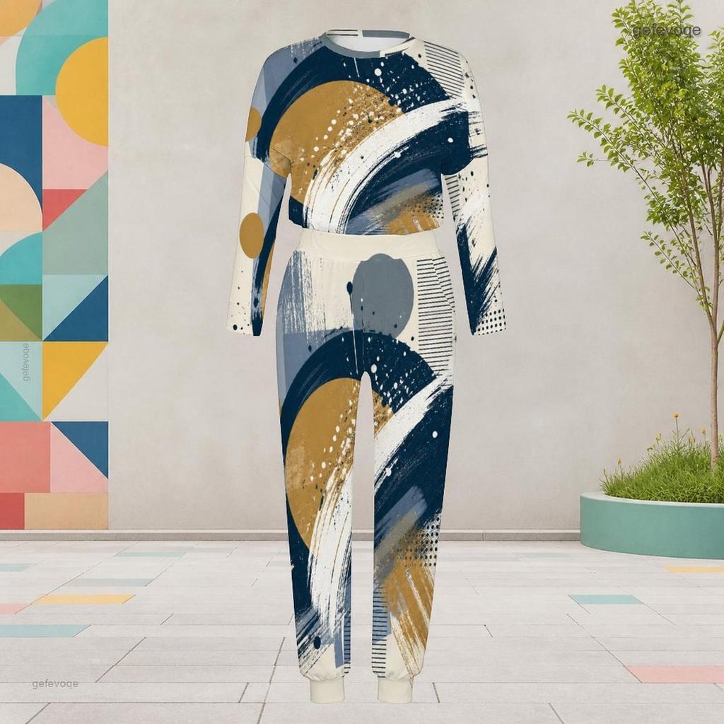 Women Plus Size Two Piece Set Round Neck Long Sleeve Geometric Printed Cuffed Top Cuffed Pants With Pockets