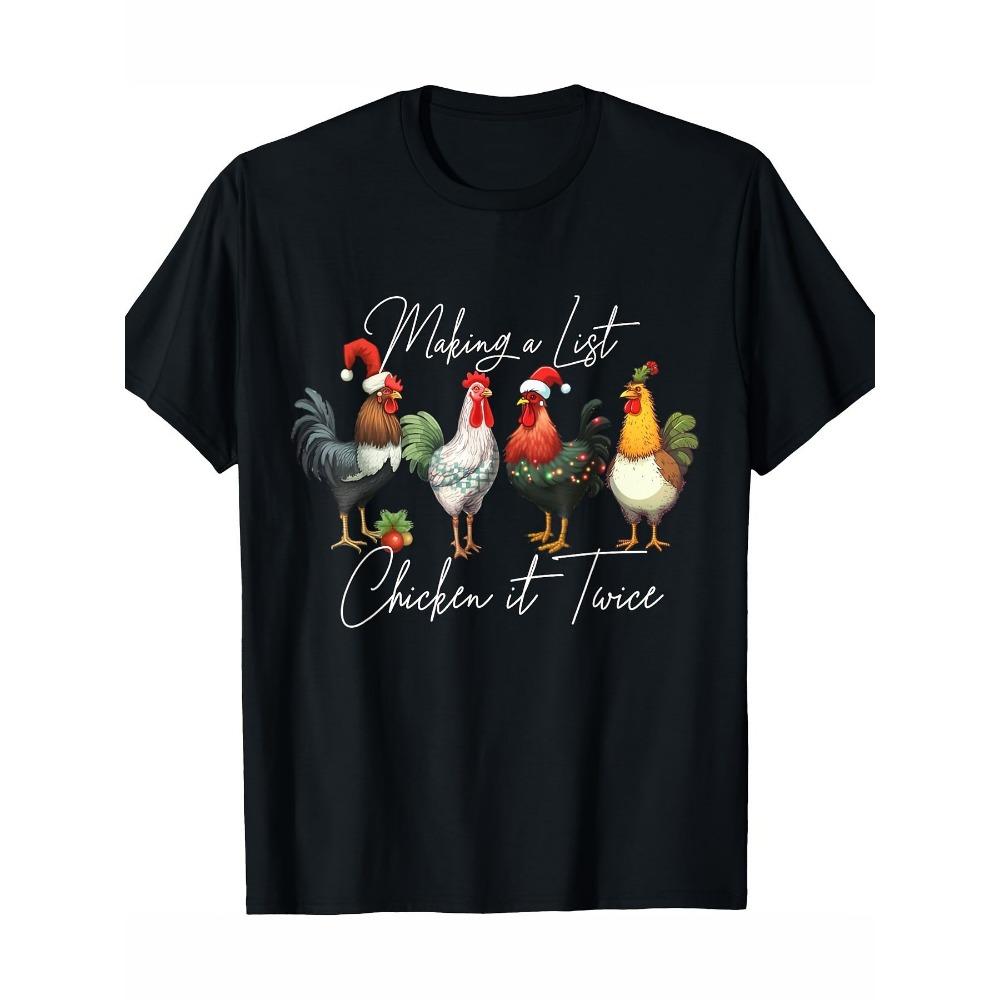 

Fun Chicken Christmas T-Shirt Make a List Chicken Did It Twice Naughty List Pattern T-Shirt Men s Soft Breathable Crew S