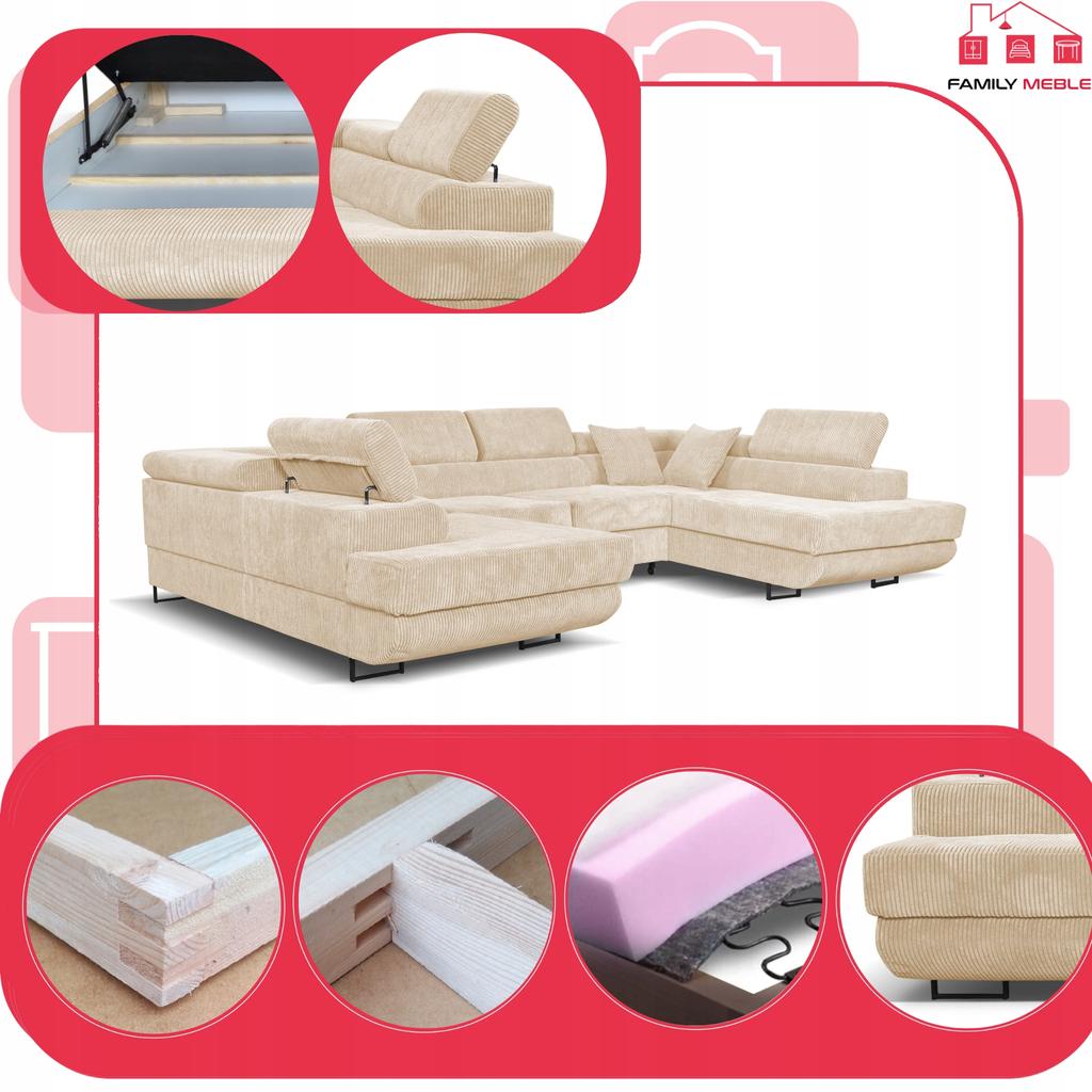 U-shaped Corner Sofa Bed, Extendable F. Savio Family Furniture Beige Corduroy