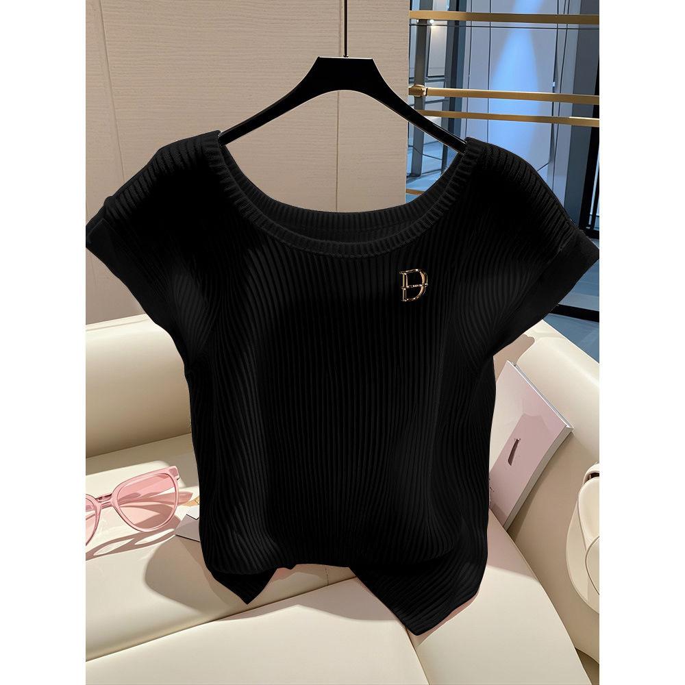 

Pink Knitted Light and Breathable Ice Silk Front Shoulder Short-sleeved T-shirt for Women Cool High-end Top 2026 New Summer OneSize чорний