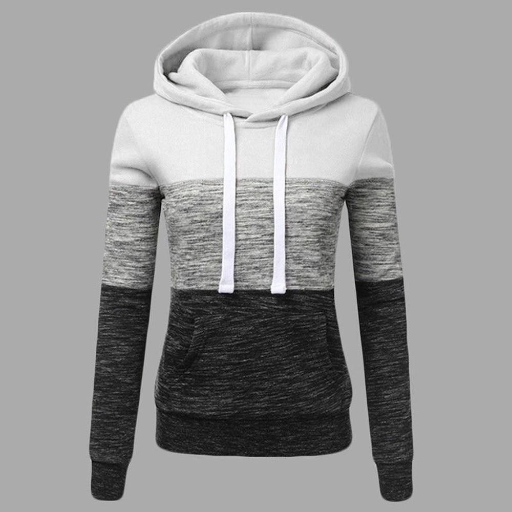 Fashion Womens Casual Hoodies Sweatshirt Patchwork Ladies Hooded Blouse Pullover