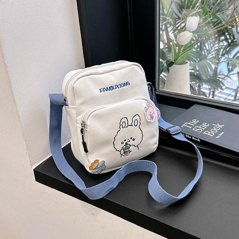 Cute Cartoon Canvas Mobile Phone Bag 2025 New Printed Trendy Portable Sweet Shoulder Messenger Bag Pocket Money