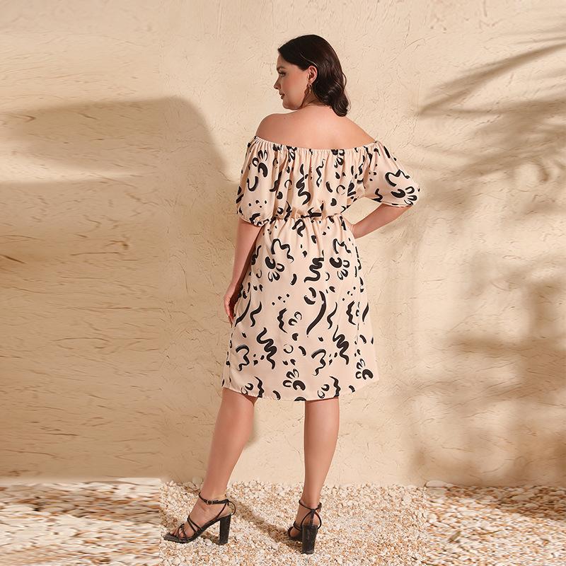 (M~4XL)Kadınlar için Omuz Düşüklü Kısa Elbise Yaz Baskılı Kısa Kollu Lastikli Yüksek Bel Elbise Günlük Moda Nefes Alabilir Hafif Tatil Artı Elbise