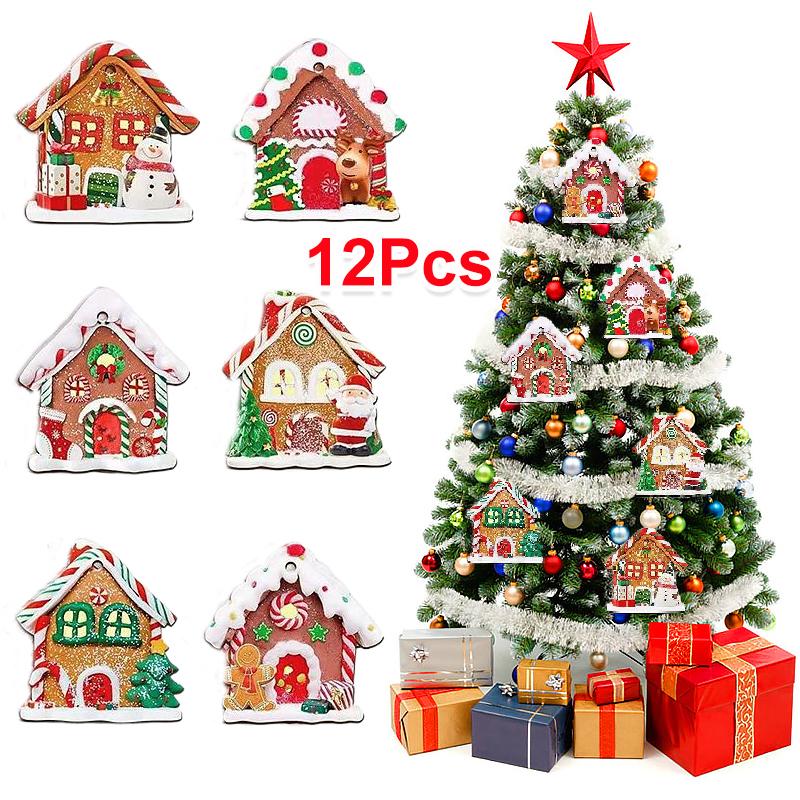 12PCS Christmas Tree Decoration Gingerbread House Pendant Wooden Multi-element Suspension Rope Holiday Wooden House Gift