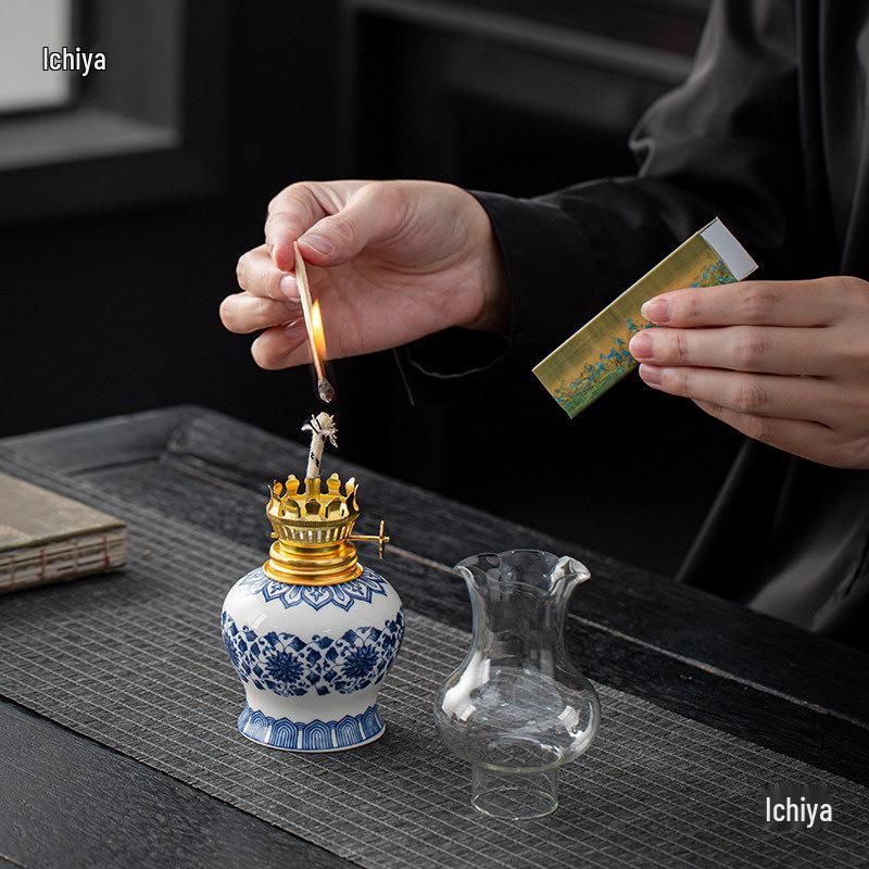 Hand-Painted Floral Retro Kerosene and Ceramic Butter Lamp - New Chinese Style Night Light for Bedroom and Study