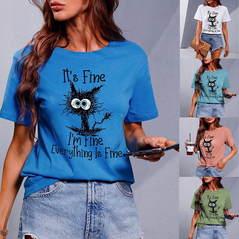 

Весна/лето 2023, футболка с круглым вырезом и короткими рукавами с принтом черной кошки, женский пуловер, повседневный топ с короткими рукавами