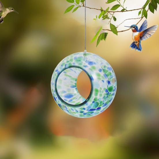 Colorful Glass Bird Feeder Fly Through Round Bird Feeder Outside Hanging Feeder to Attract Wild Birds for Garden Yard Deck Patio Decor