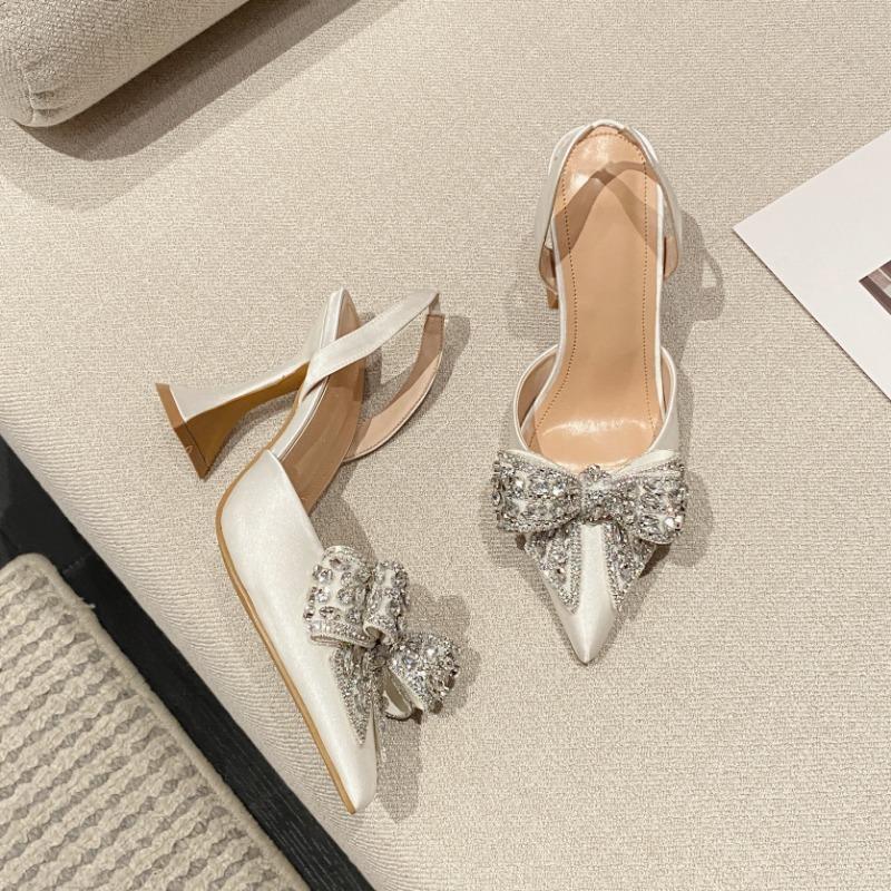 Spring And Summer Women's High Heels Pointed Wine Glass Heels Sexy All-match Banquet Bowknot Sandals With Empty Back Shoes