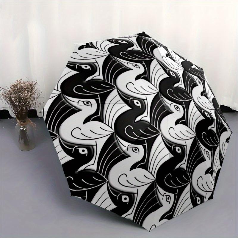 1pc Swans Abstract Automatic Open/close Folding Compact Umbrella, 8-Rib Sturdy Canopy, Lightweight Portable, Everyday Use, Gift, Outdoor Umbrella, Tra