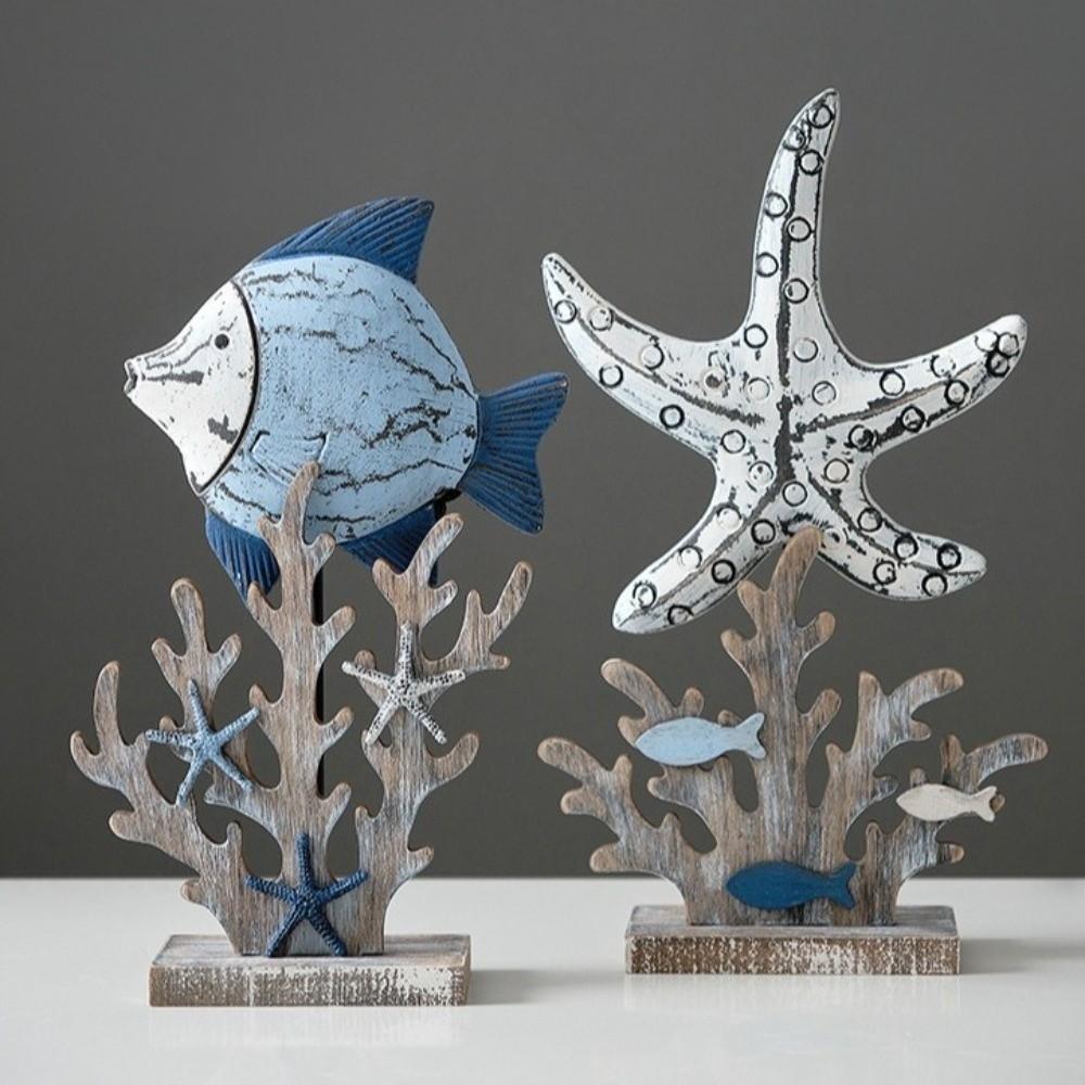 Statua Creativa Animale Marino in Legno Fatto a Mano Pesce Piccolo Conchiglia Corallo Ornamenti Vintage Legno Decorazione Libreria Studio