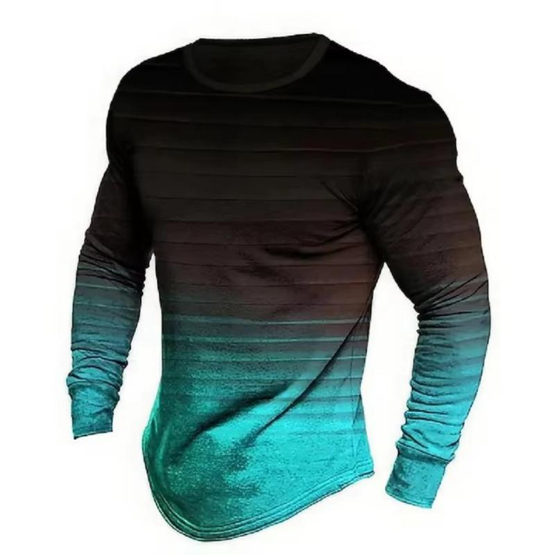 T-shirt da uomo a maniche lunghe con scollo rotondo, a righe, stampate digitalmente, alla moda, stile di strada
