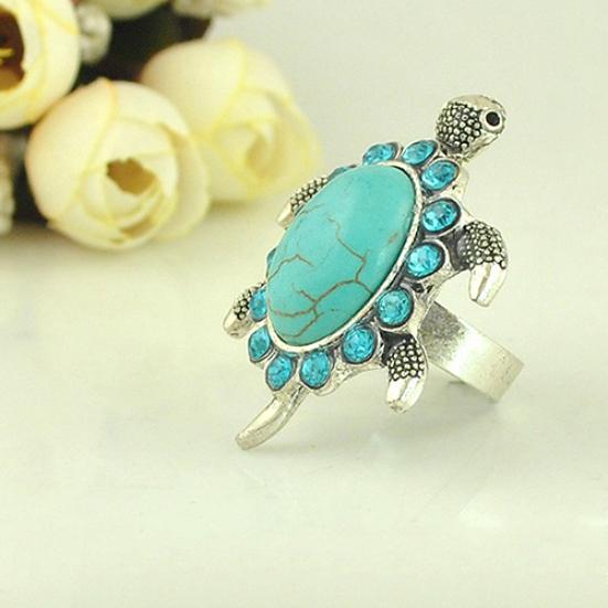 Women's Turquoise Tortoise Pattern Blue Rhinestone Inlaid Finger Ring