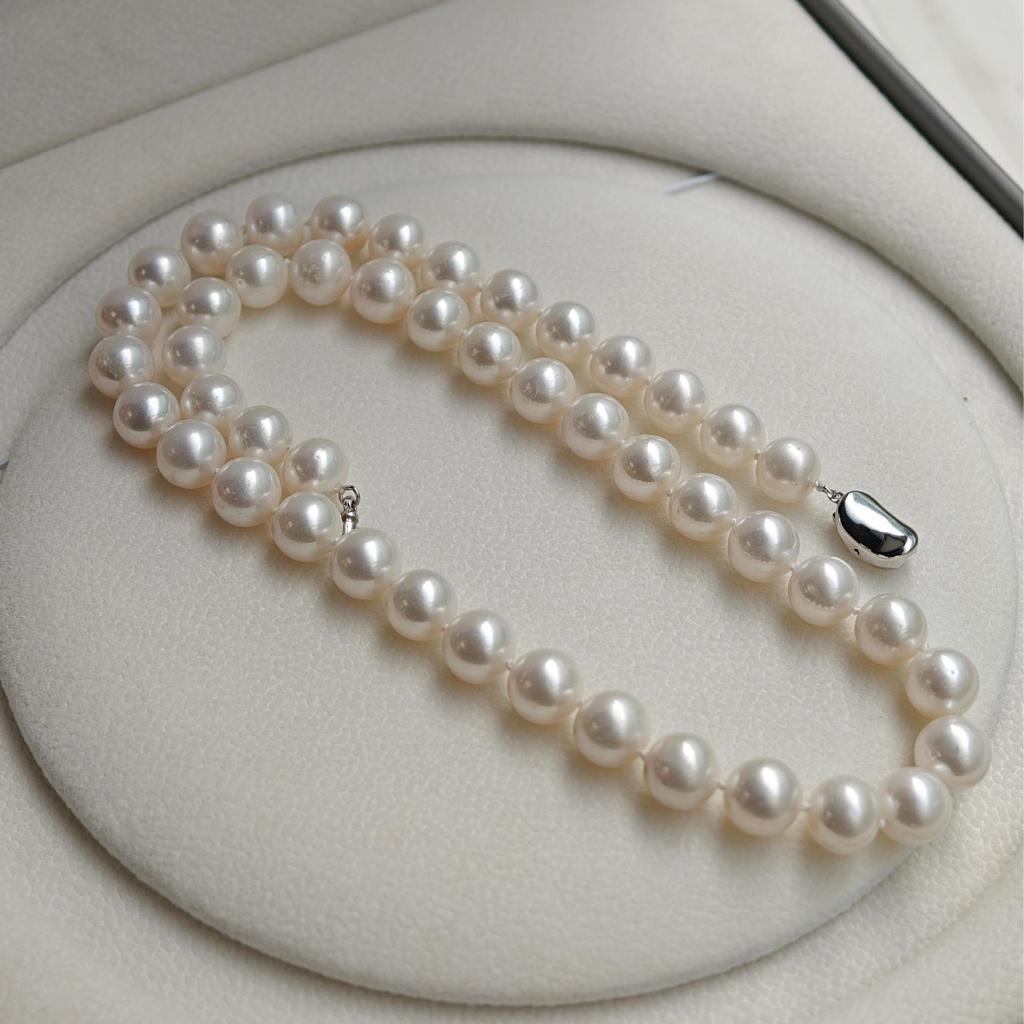Collar de Perlas de Agua Dulce Naturales 8-9mm Redondas Brillo Fuerte Plata S925 Gargantilla del Día de la Madre con Caja de Regalo