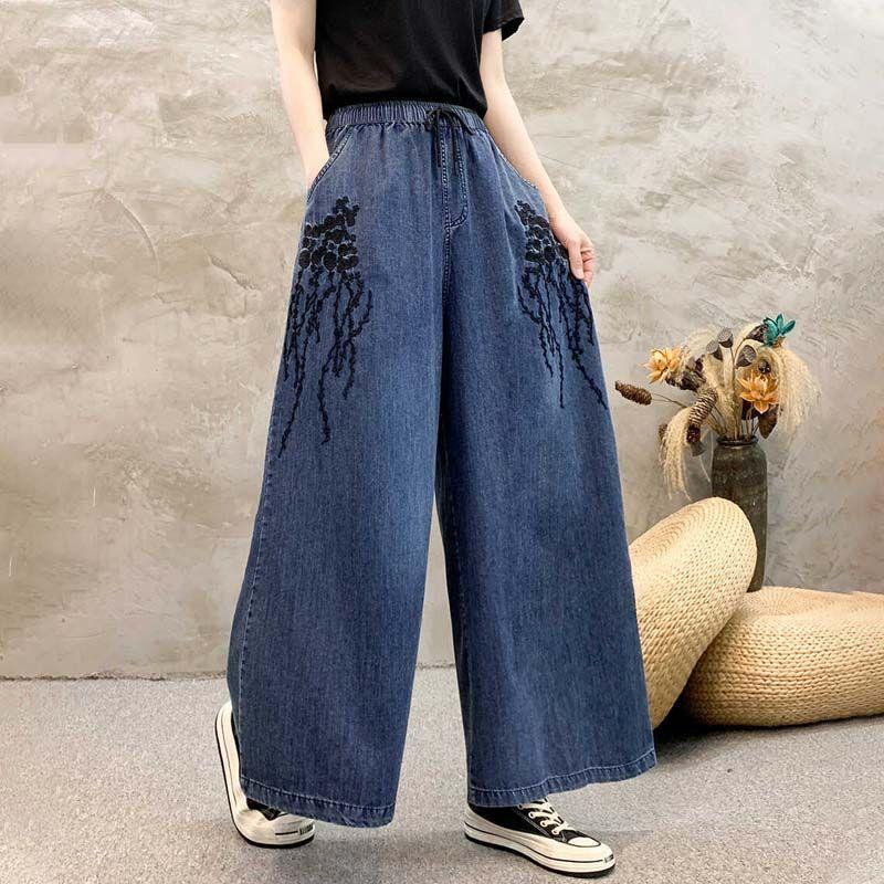 Women's Literary Retro Embroidered Denim Wide Leg Pants Spring and Autumn Plus Size Loose Versatile Slimming Baggy Long Pants