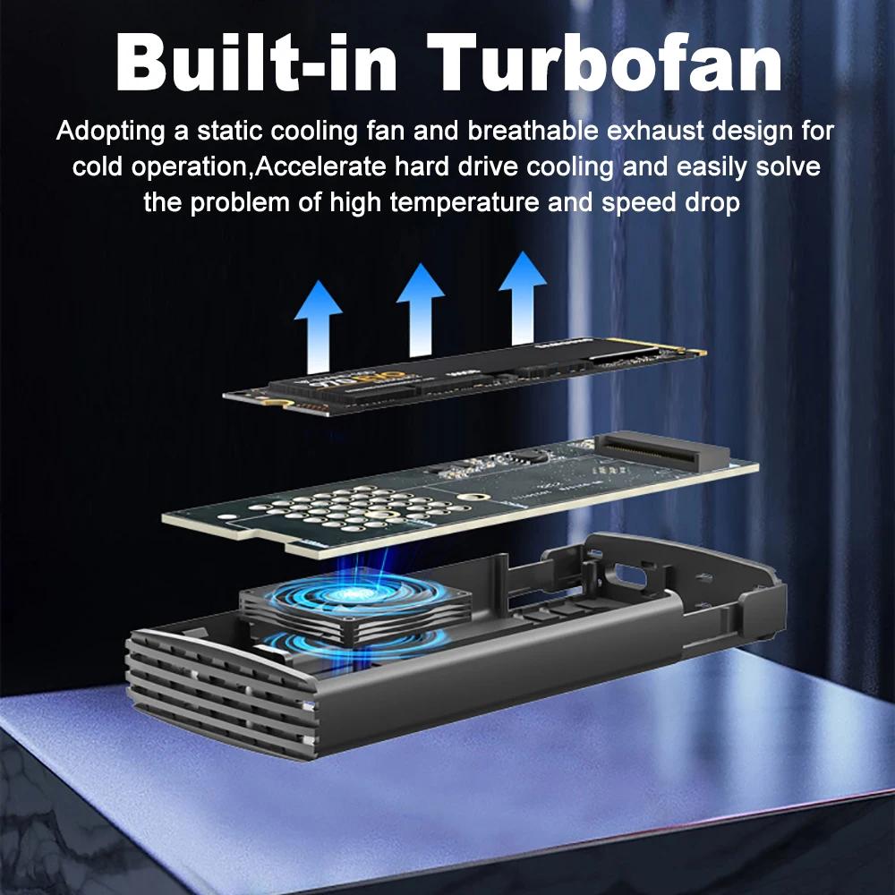 Pouzdro pro 10/20Gbps M.2 NVME SATA SSD s vestavěným chladicím ventilátorem M.2 SSD Pouzdro Adaptér pro duální protokol NVMe NGFF SSD Pro M Key/B+M Key