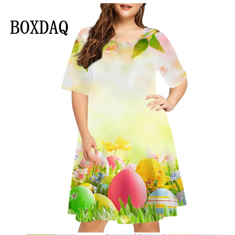 3D Cartoon Hase Print Kleid Osterei Kleid Damen Kurzarm Mode Kawaii Freizeitkleider Party Übergroße Damenbekleidung