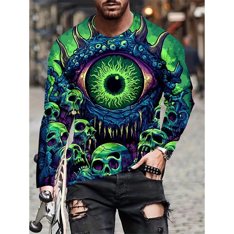 Colorful Little Monster Pattern T-Shirt For Men Fun Mysterious 3D Printed Tees Casual Long Sleeves Unisex T Shirts O-Neck Tops