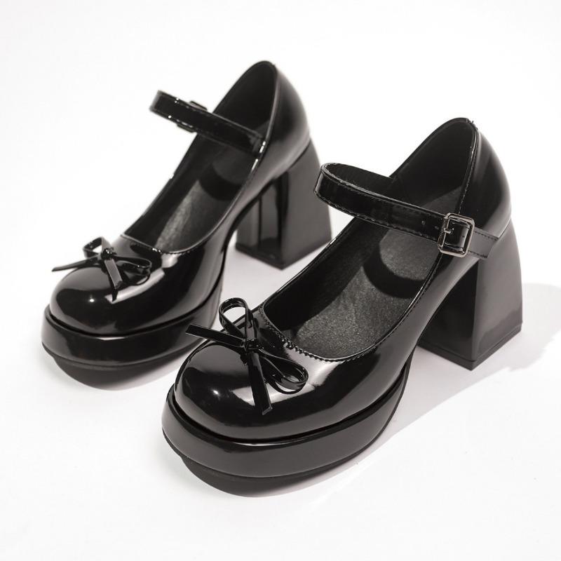 Heiß verkaufende Schnalle High Heels Pumps Damen 2025 Neue Frühjahrsmode Schwarz Klobige Plateau Lolita Schuhe Frau Schleife Dicker Absatz