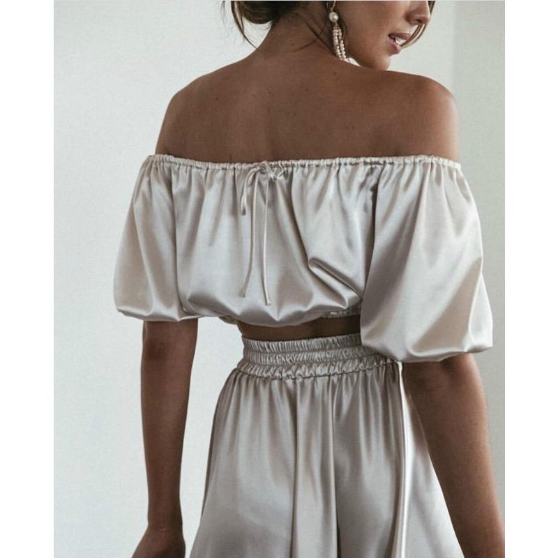 Women's Split Skirt One Line Neckline Satin Sexy Crop Skirt