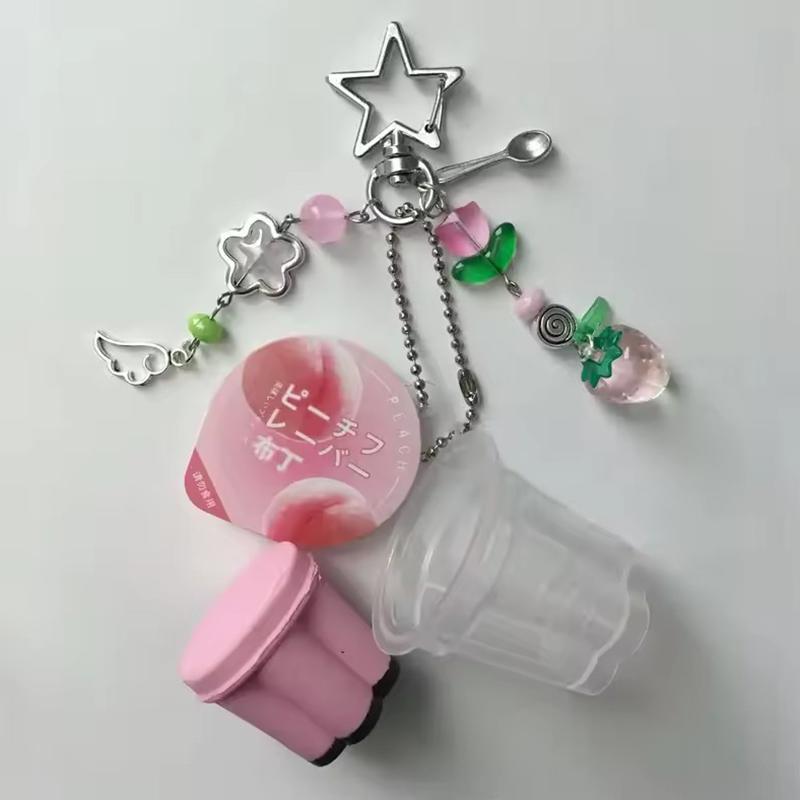 1 Piece Love Shaped Japanese Pudding Keychain Pink Yellow Egg Flan Charm Y2K Retro Aesthetic Beaded Accessory