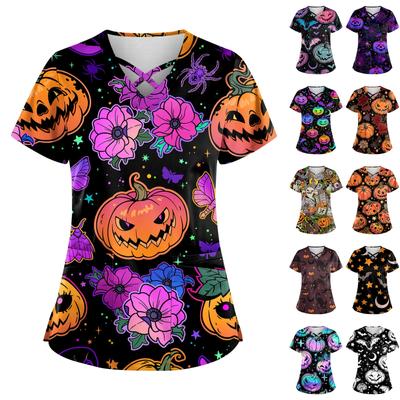 Plus SizePrinted Scrub Working Uniform Tops For Women's Cross V-Neck Halloween Print Short Sleeve Fun T-Shirts Workwear Tee With Pockets