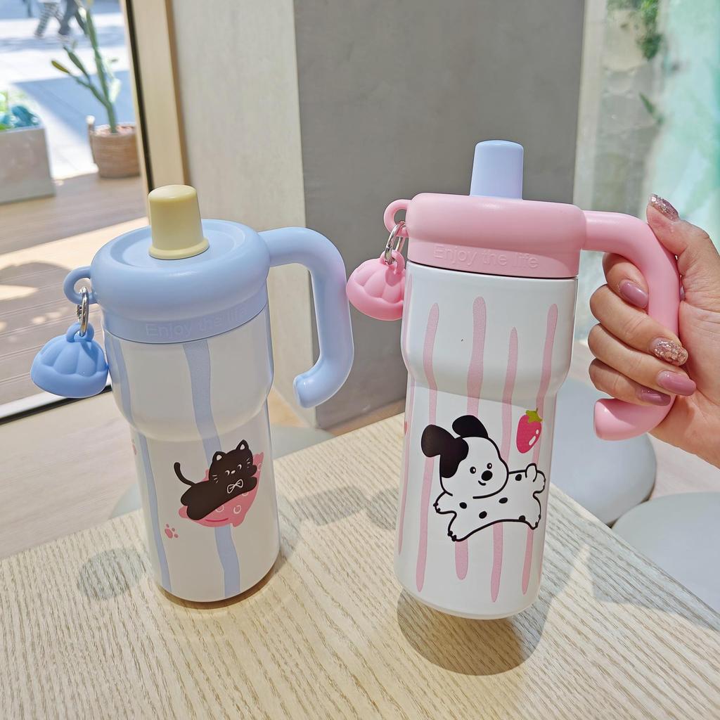Floral Cartoon Handle Stainless Steel Vacuum Insulated Cup with Tea Infuser and Straw
