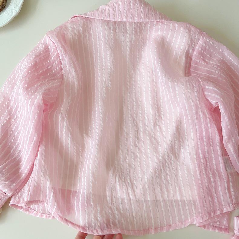 2025 Sommar Vertikalrandig Solskydd Flickors Tredelad Kostym: Långärmad topp, Shorts