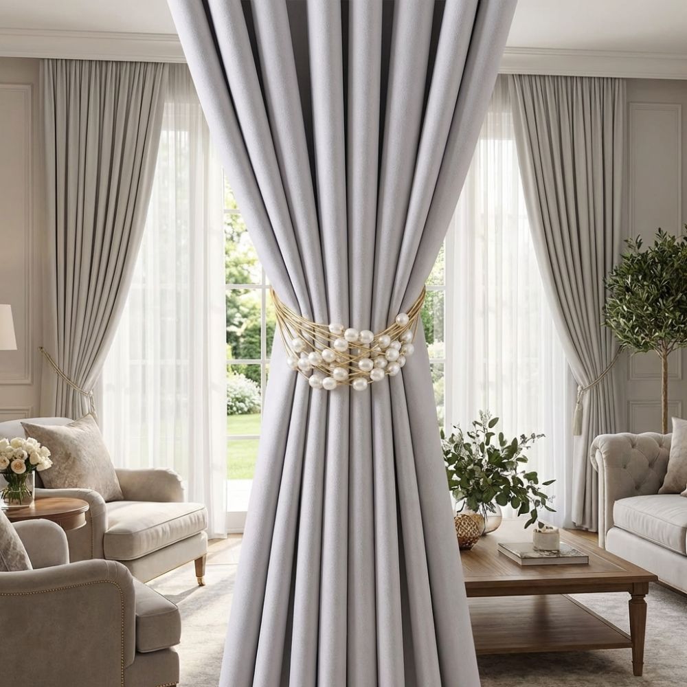 2PCS Adjustable Pearl Curtain Tieback Polyester Curtain Tape Imitation Pearl Ties  Wedding Decor