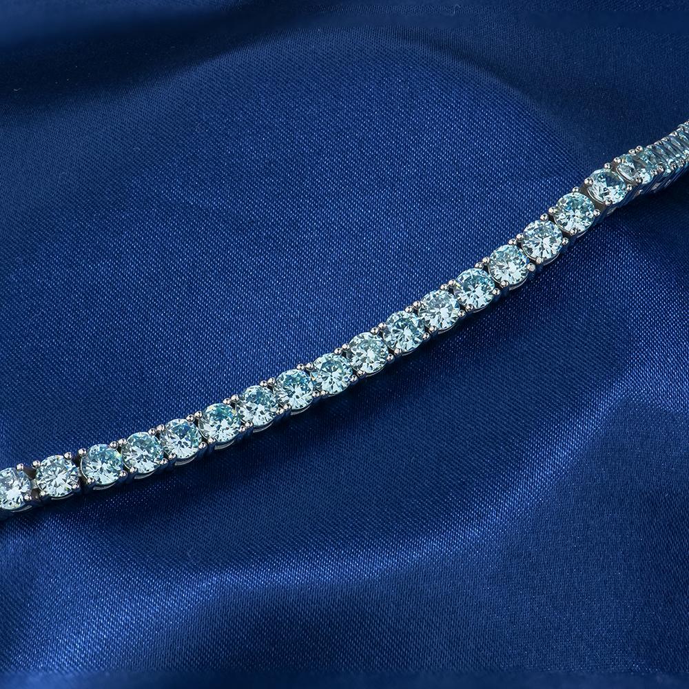 Factory Direct Sales Fine Jewelry 925 Sterling Silver Rhodium Plated Round CZ #37 Aquamarine Tennis Link Chain Bracelet for Men