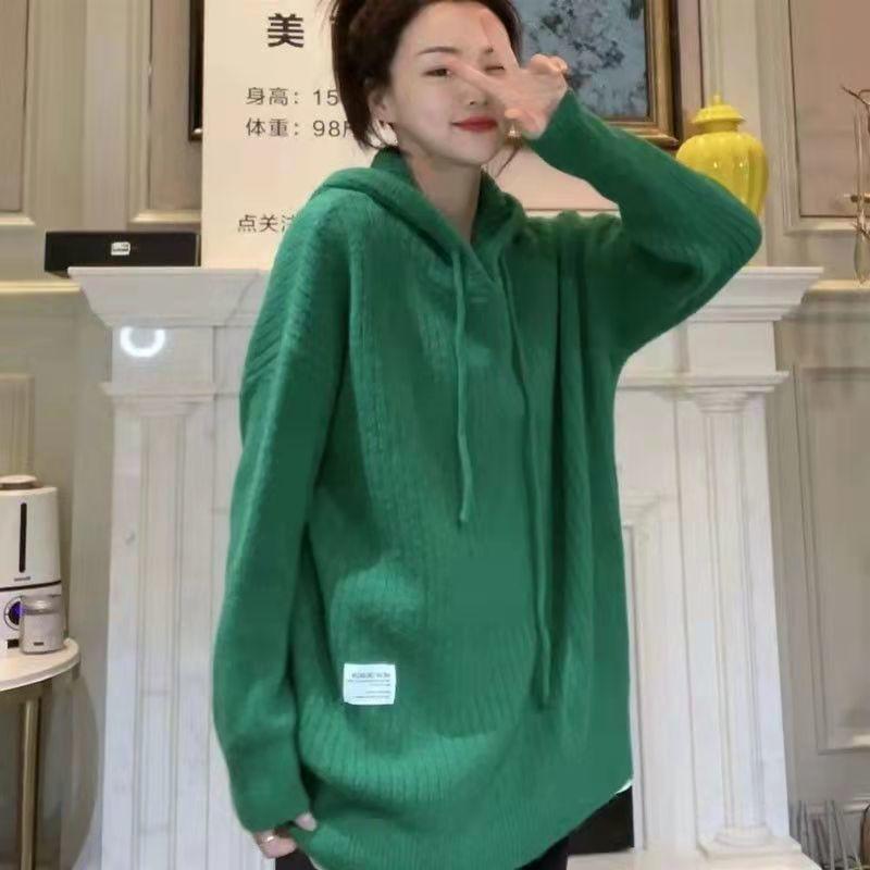 Women's Hooded Sweater Sweatshirt Mid To Long Style Pullover Sweater Knitted Top Autumn and Winter