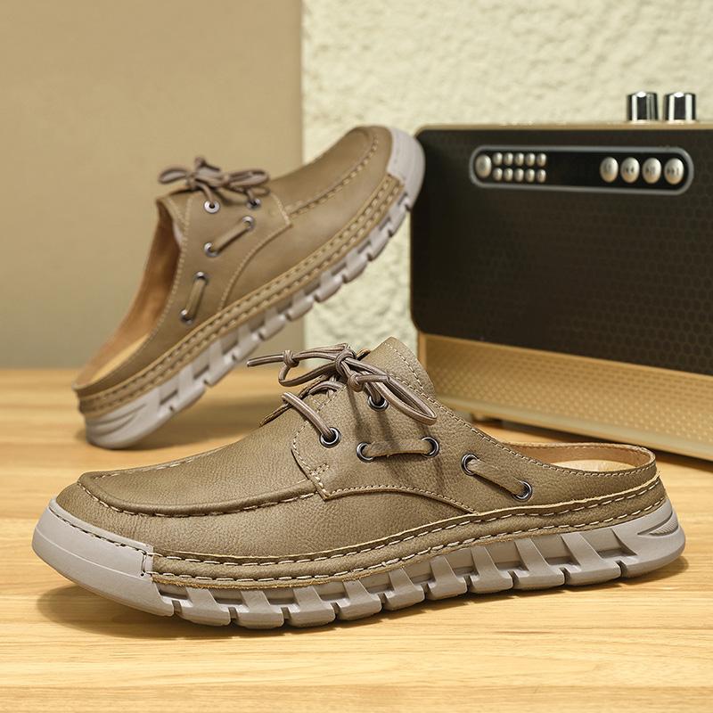 Men's Summer New Large Size Slip-On Driving Shoes Outdoor Genuine Leather Breathable Rubber Sole Square Toe Bean Bean Shoes