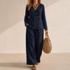 2026 Autumn Women's Linen V-Neck Button Long Sleeve Top Wide Leg Pants Casual Two-piece Set