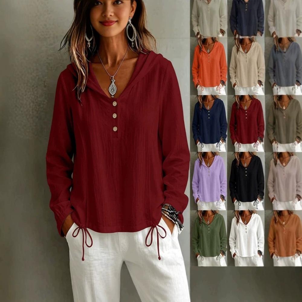 Herbst Winter Mode Lässig Einfarbig Knopf Kapuze Langarm Hemd Damen Oberteil Bluse