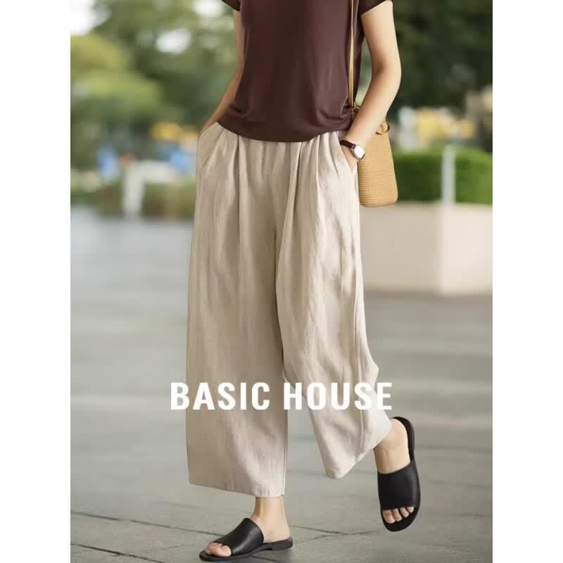 Basic House Women s Retro Linen Tencel Cropped Wide-Leg Harem Pants S