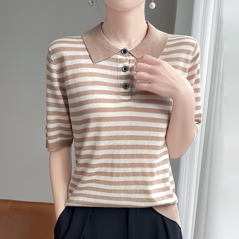 

Женская футболка из тенселя с полосатым коротким рукавом и воротником поло, весна/лето 2025, свободного кроя, больших размеров. Large