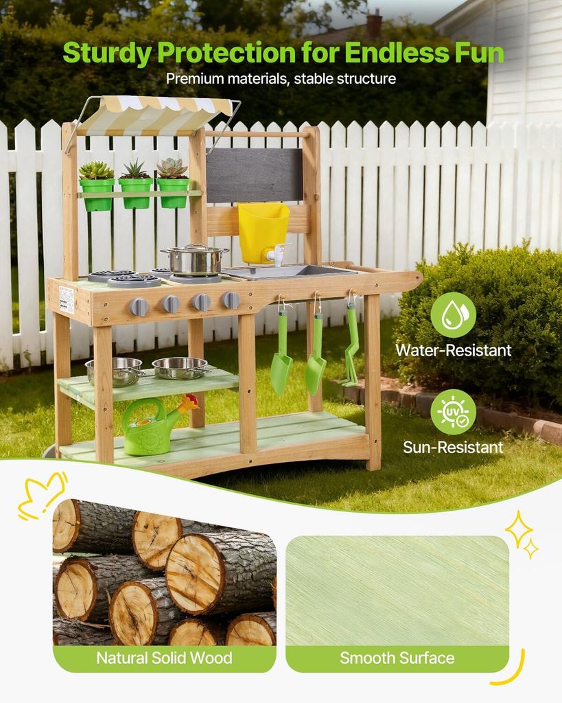 Mud Kitchen, Outdoor Mud Kitchen for Kids, Wood Outdoor Play Kitchens with Spoons, Sink, Sunshade Canopy, Swivel Wheels, Cookware Pots and