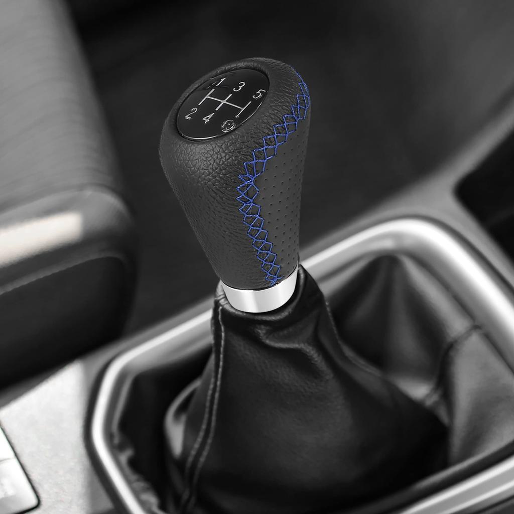uxcell Black Universal 5-Speed PU Leather Manual Stick Shift Knob Auto Car Gear Lever Shifter with Hole Blue Stitching