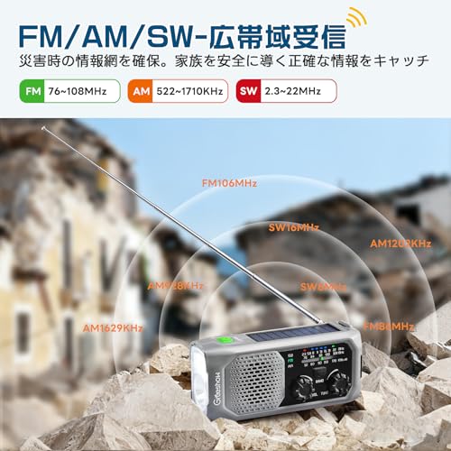 [Disaster Prevention Officer Recommended] Greeshow Disaster Prevention Radio, Multifunctional, Hand Crank, Solar Charging, with LED/SOS, For Disaster