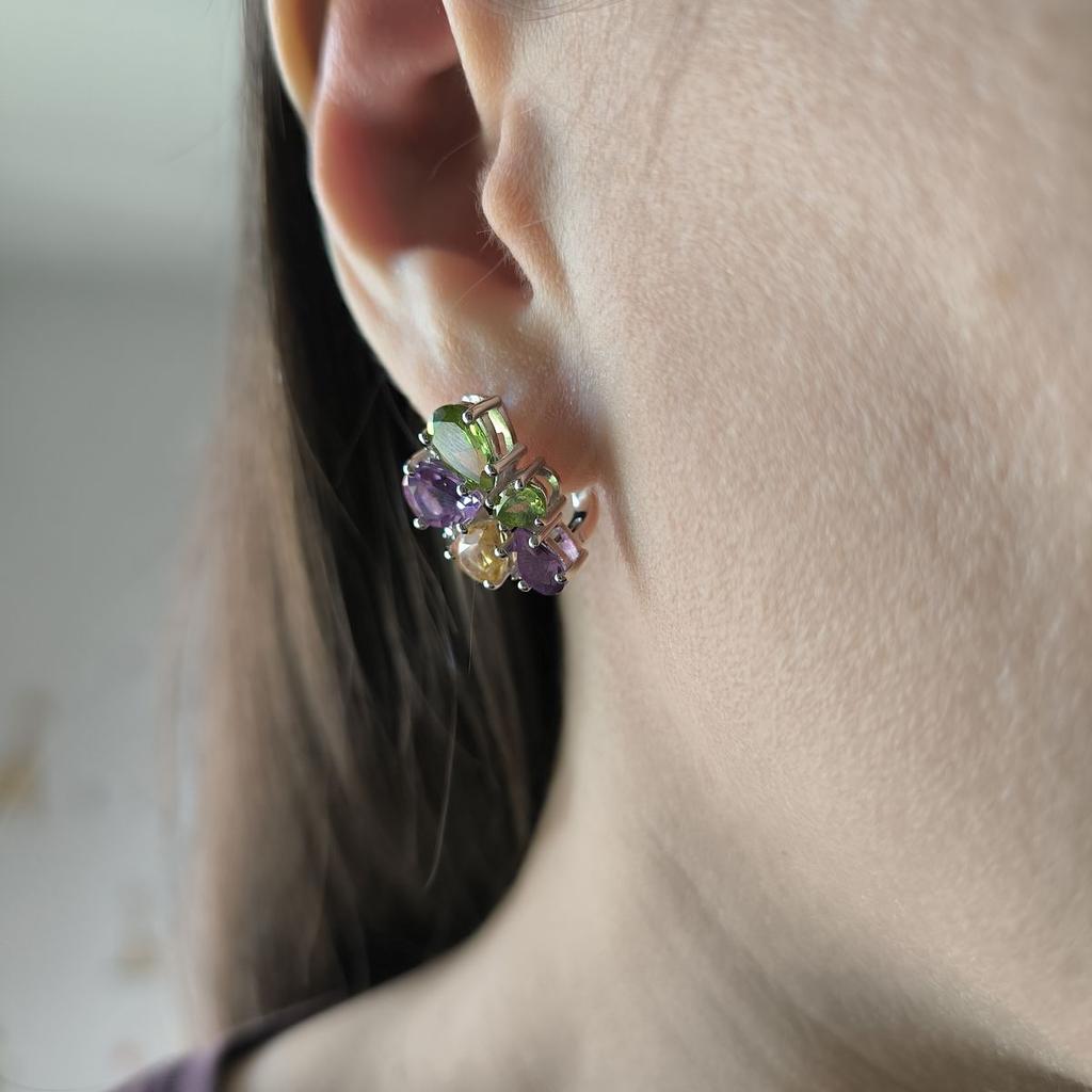 Серебряные серьги с натуральным аметистом, хризолітом, цитрином (2183327)
