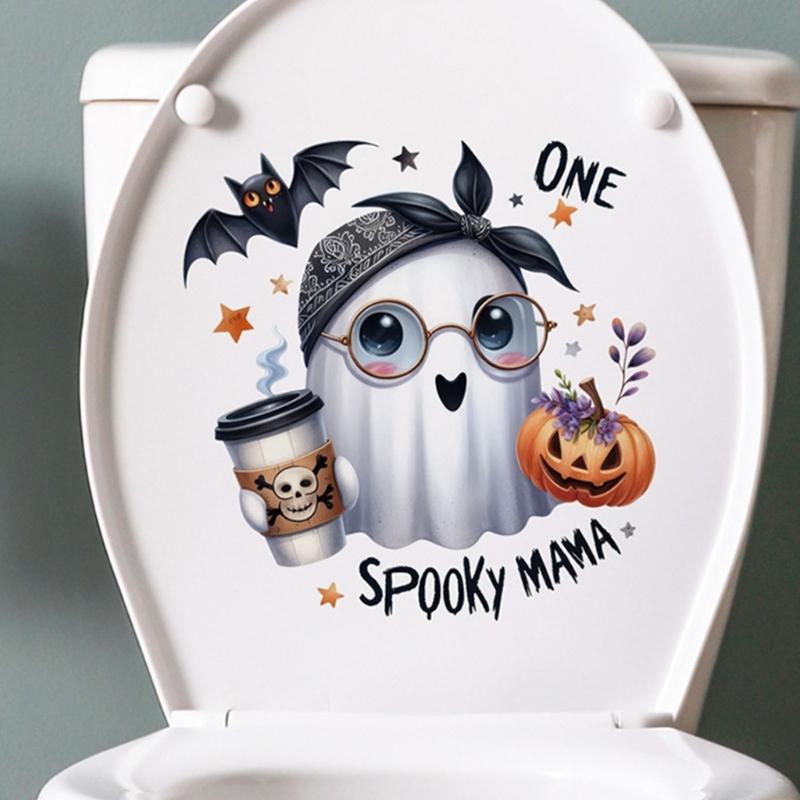 Halloween Ghosty Pumpkin Toilet Cover Stickers Waterproof Pumpkin Ghosty Toilet Lid Decals Halloween Bathroom Decors