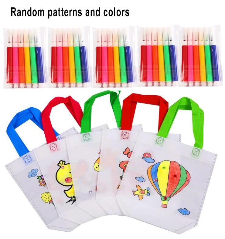 5 Sets DIY Graffiti Bag & Coloring Markers Handmade Painting Non-Woven Bag for Children Arts Crafts Color Filling Drawing Toy