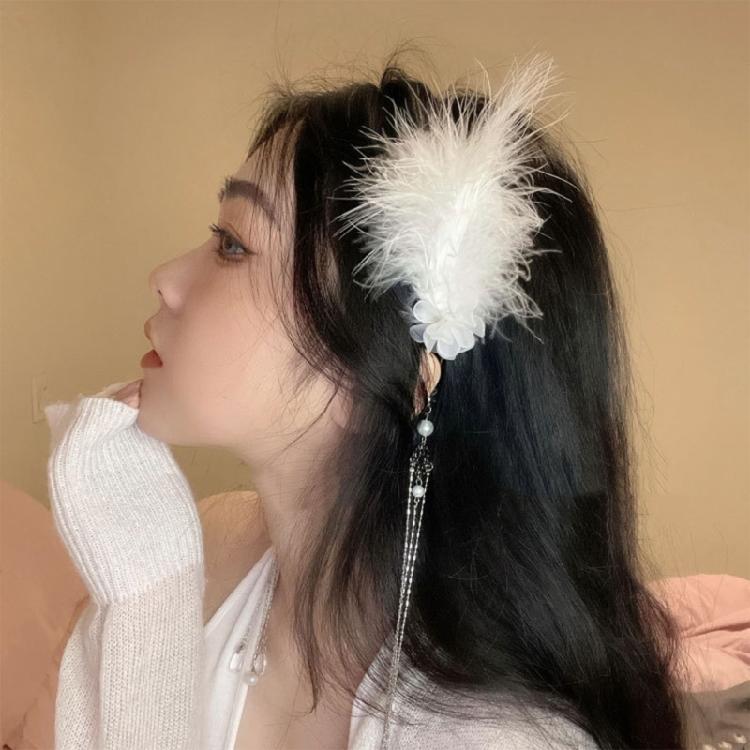 Feather Headband with Tassel White Feather Hair Hoop Headwear for Women