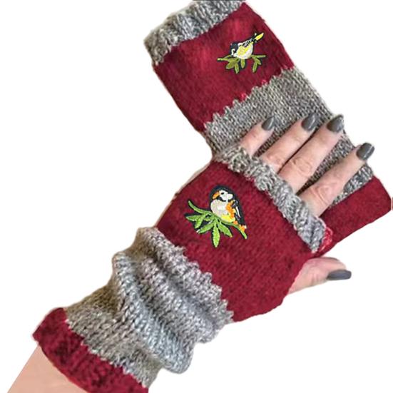 Yousheng 1 Pair Riding Gloves Embroidery Pattern Fingerless Knitted Gloves with Extended Cuffs Half-Finger Design Thumb Hole Winter Gloves