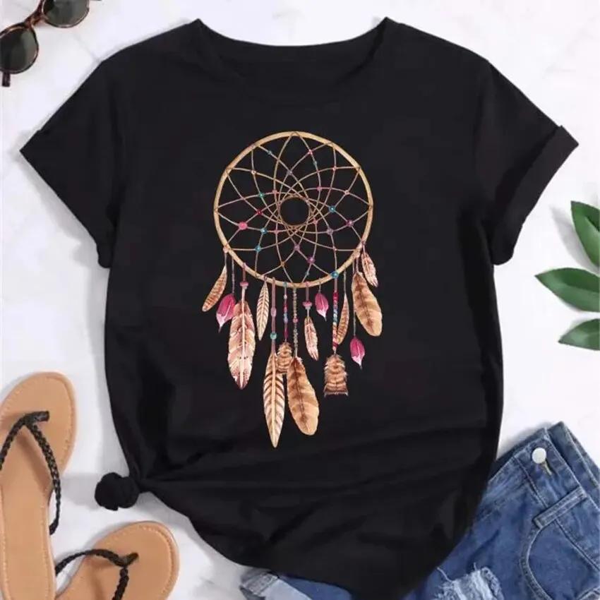 90S Feather Dreamcatcher Women Fashion T Shirt Harajuku Graphic Tees Shirt Femme Dream Catcher Women's T-shirt Clothes Tops Tee