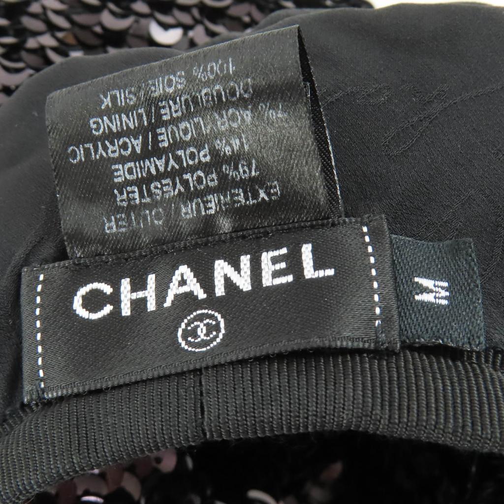 Great CHANEL Beret COCO Mark 100% Silk Lining with Sequins Black Women M 17C Used