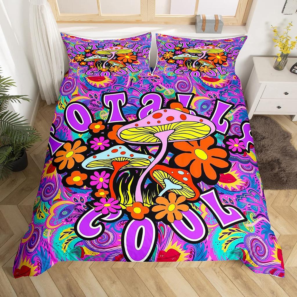 סט ציפית לשמיכה עם הדפס פטריות, סט מצעים בצבע בורגונדי עם הדפס צמחים ועלי שלכת, 2/3 חלקים לילדים, הדפס חילזון, מידה קינג, כיסוי שמיכה רך