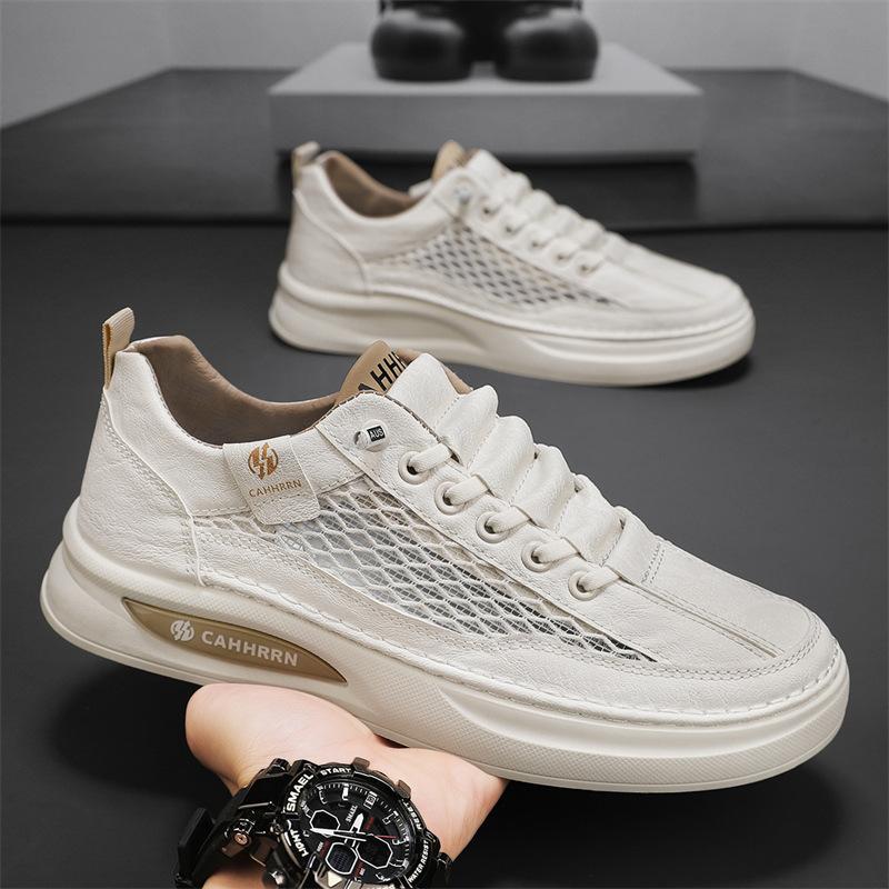Men's shoes 2025 summer new mesh breathable hollow leather board shoes student youth casual shoes sports trendy shoes