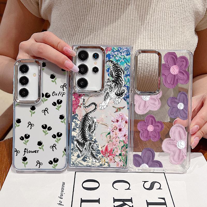 Retro Flowers Black Rose Print Case For Samsung S26 S25 Ultra S24 S23 S22 S21 FE A15 A35 A55 A16 A26 A36 A56 A17 A37 A57 5G Plating Lens Soft Cover