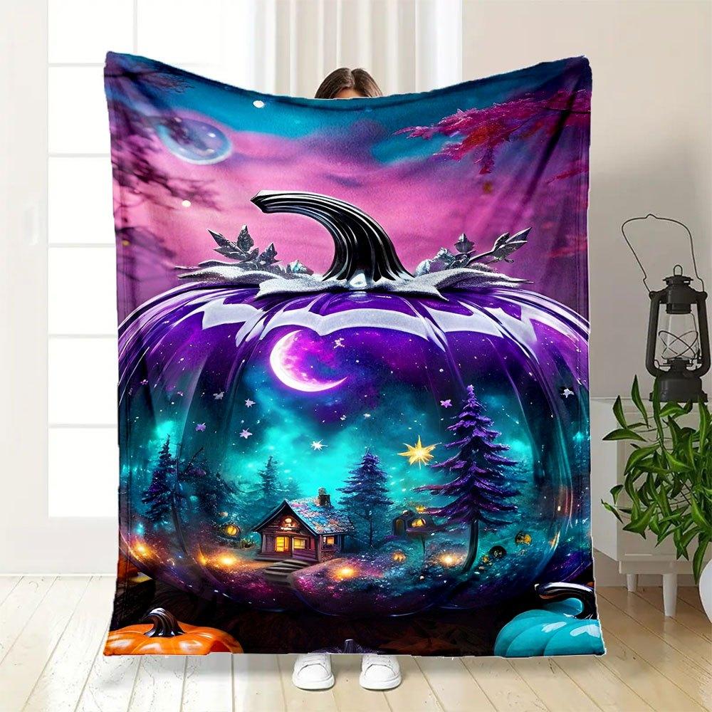 "Enchanted Pumpkin Night Scene Wall Art Print"Blanket Flannel Throw Blanket for Sofa, Bed, Travel, Camping, Office