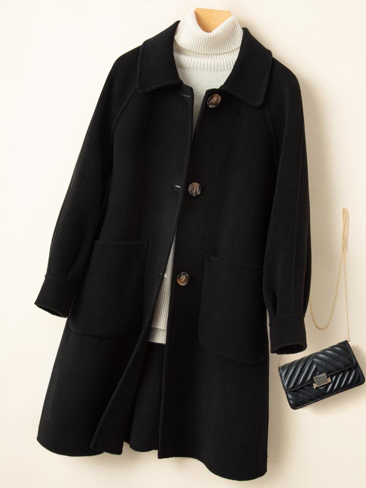 Dámský kašmírový kabát střední délky oboustranný na podzim/zimu - Petite, Čistě ručně šitý, Celovlněný, Zesílený design